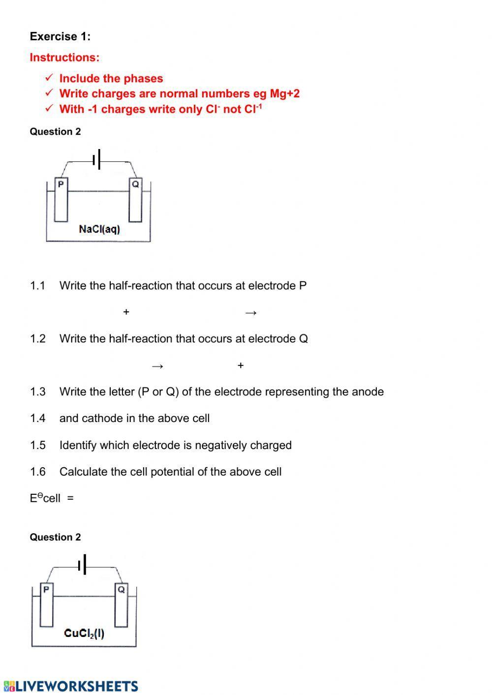 Electrolytic cell worksheet 1