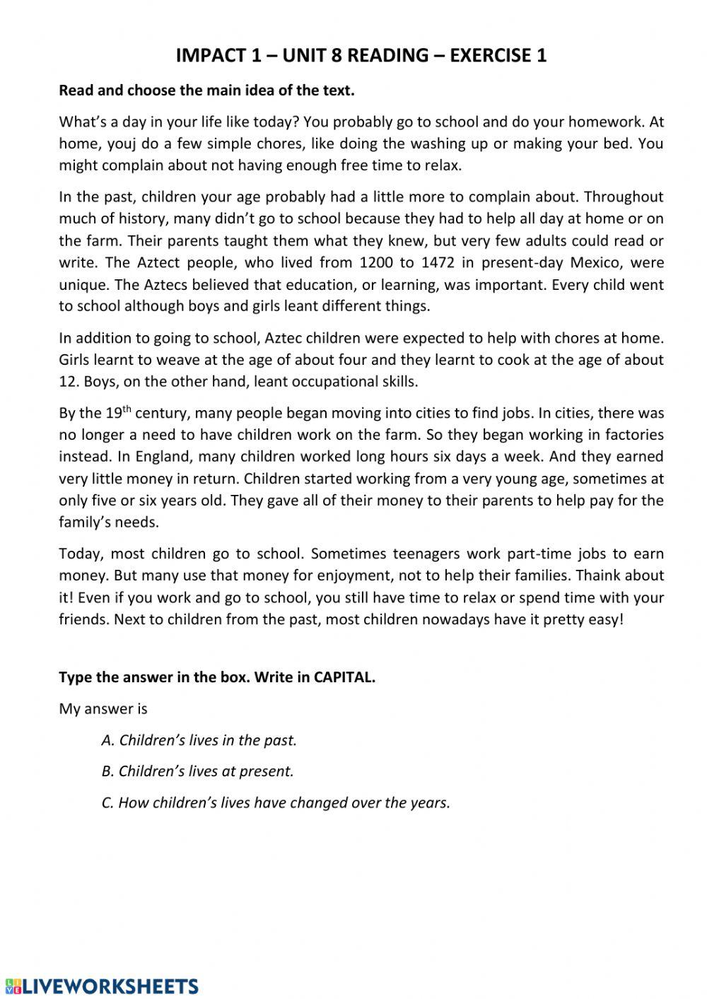 Impact 1 - Unit 8 Reading - Ex 1