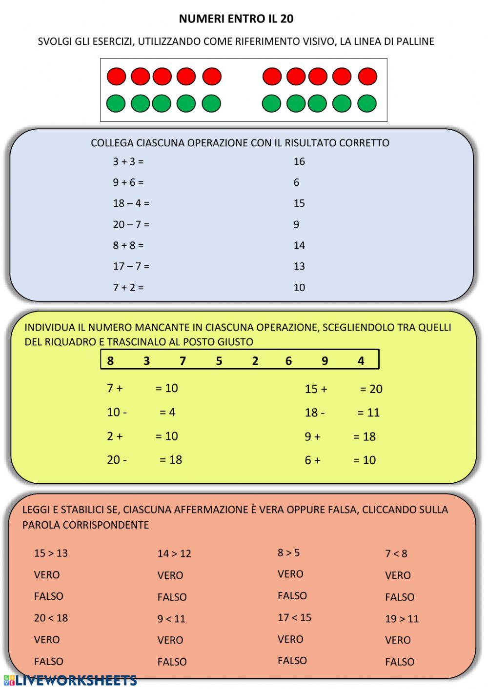 Esercizi con i numeri entro il 20