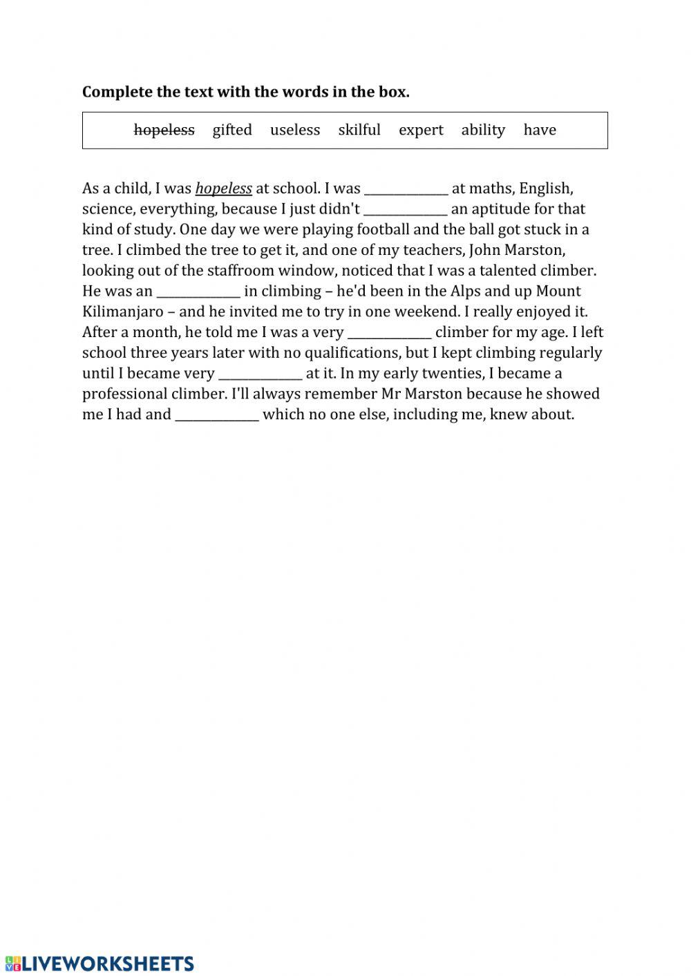 Ability Vocabulary Online Exercise For Live Worksheets Ability Vocabulary Online Exercise For Live Worksheets