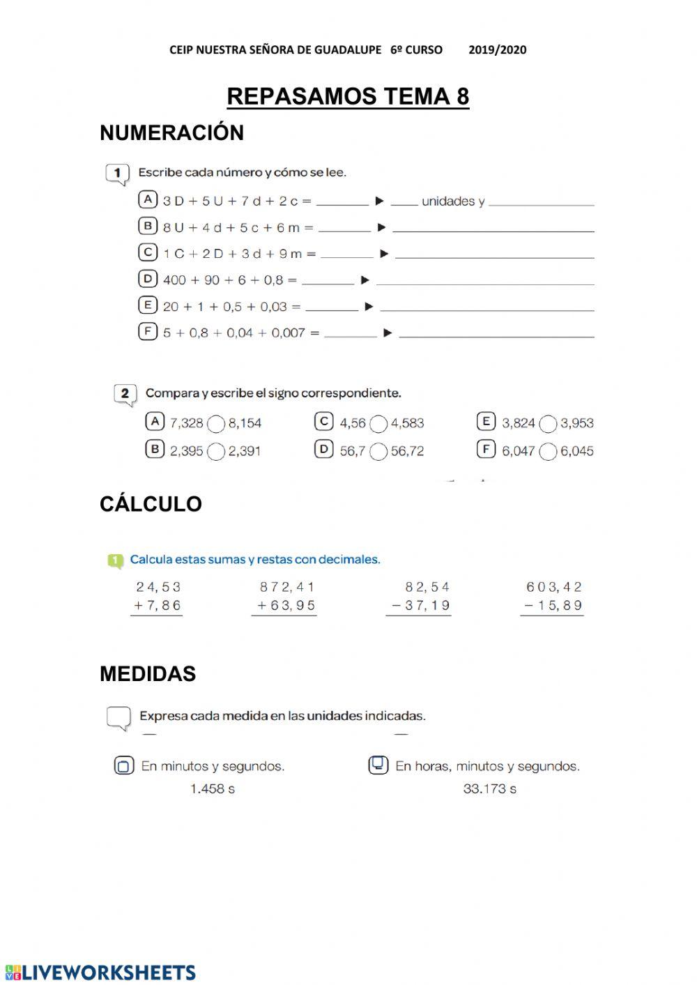 Matemáticas unidad 8 inglés 6º Primaria