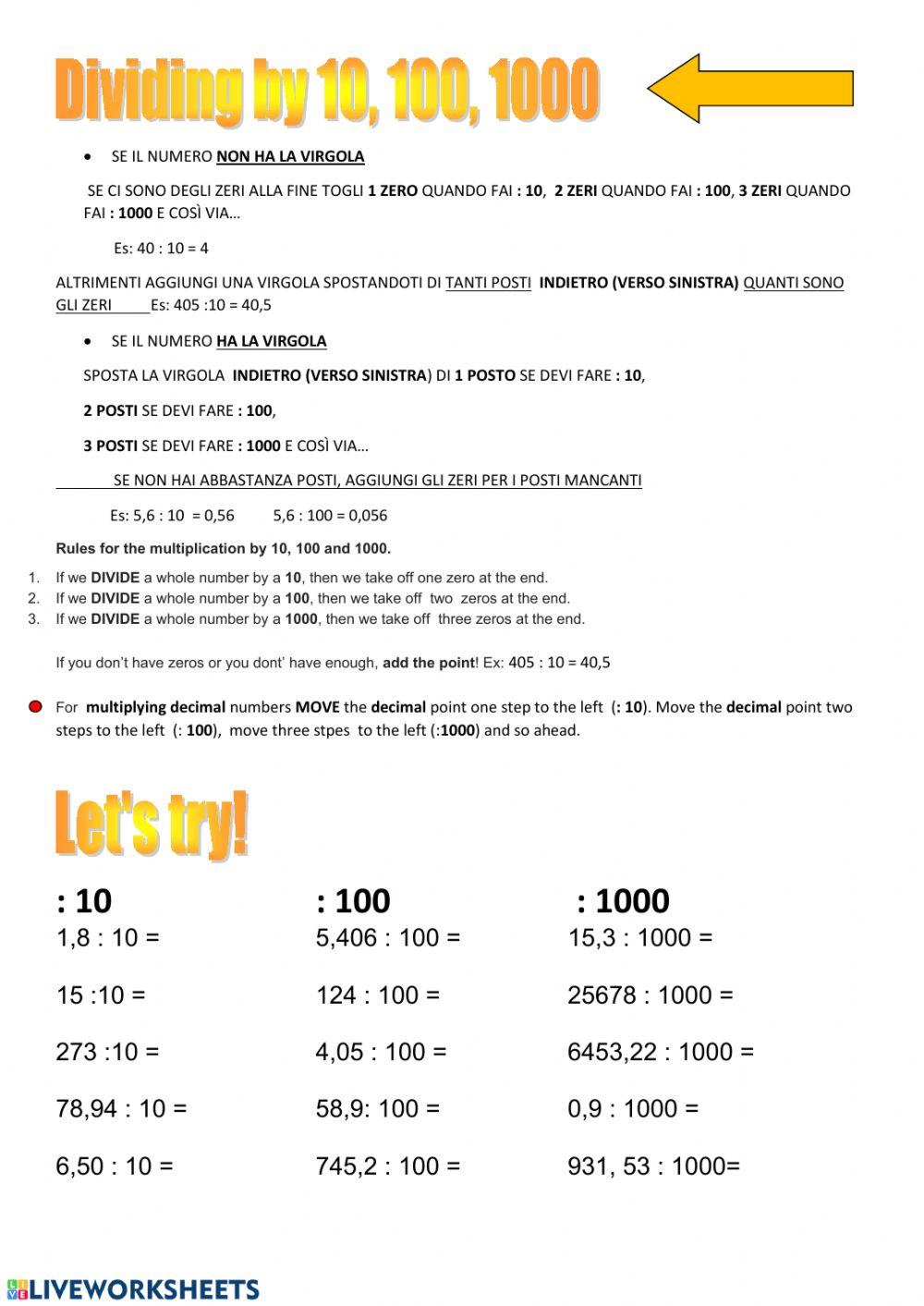 Dividing by 10,100,1000