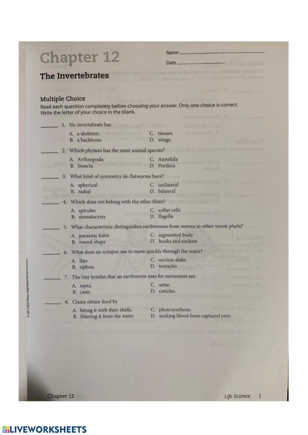 Life science chapter 12 test online exercise for live worksheets