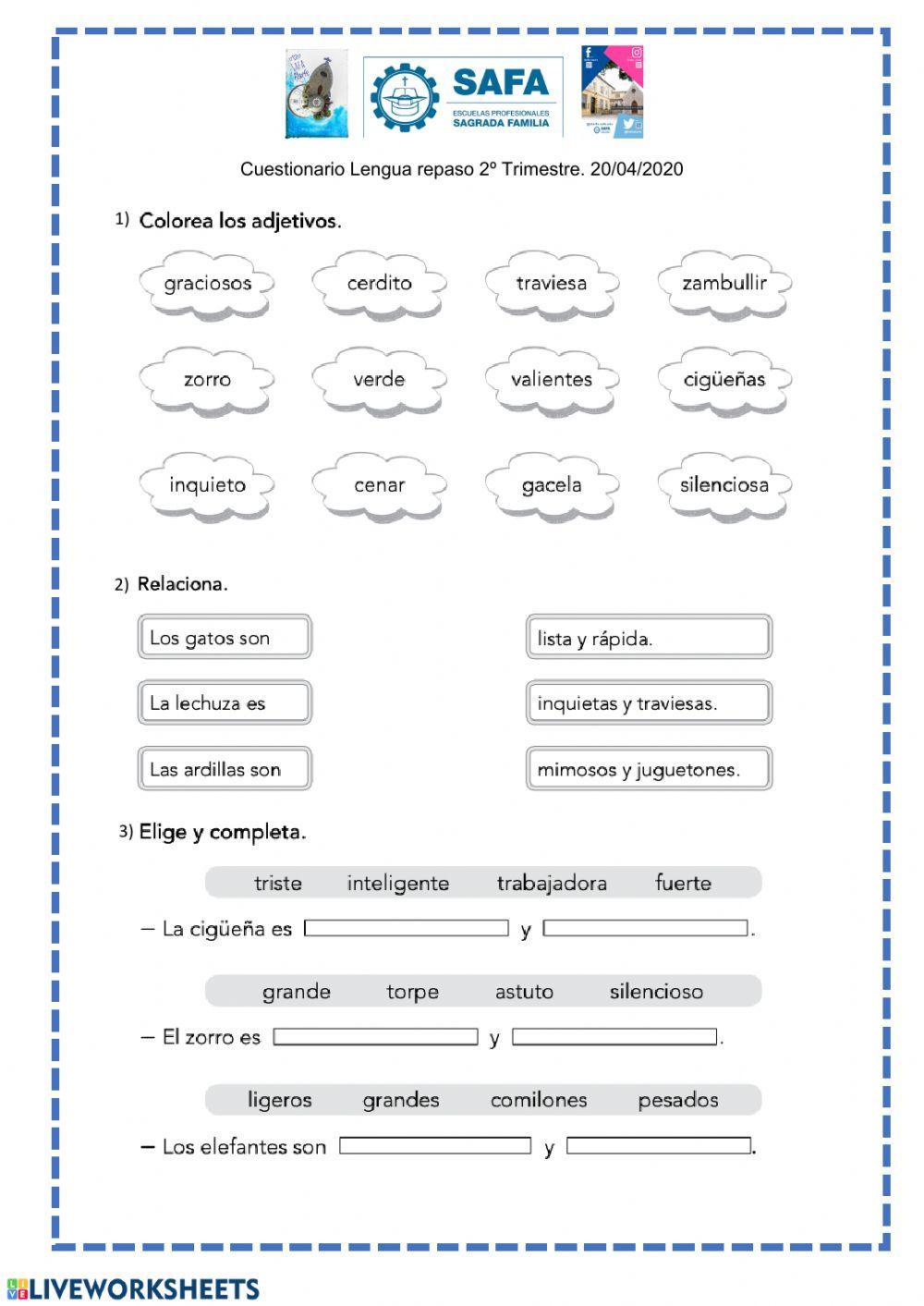 2º Trimestre. 2º Primaria. Adjetivos-Verbos-Determinantes-Aumentativos-Diminutivos