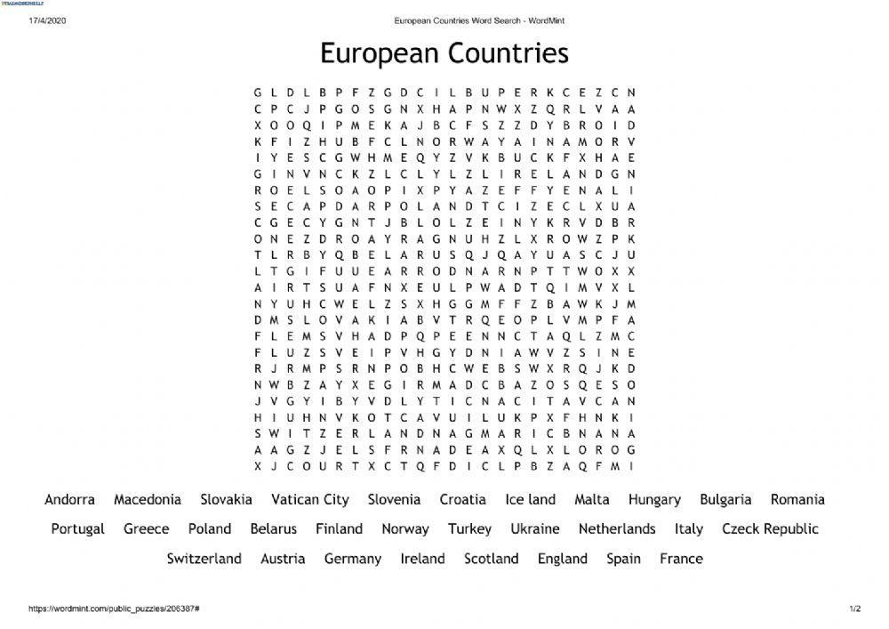 Europe wordsearch