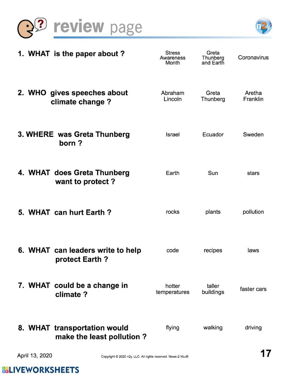 Earth Day N2Y Questions worksheet Live Worksheets