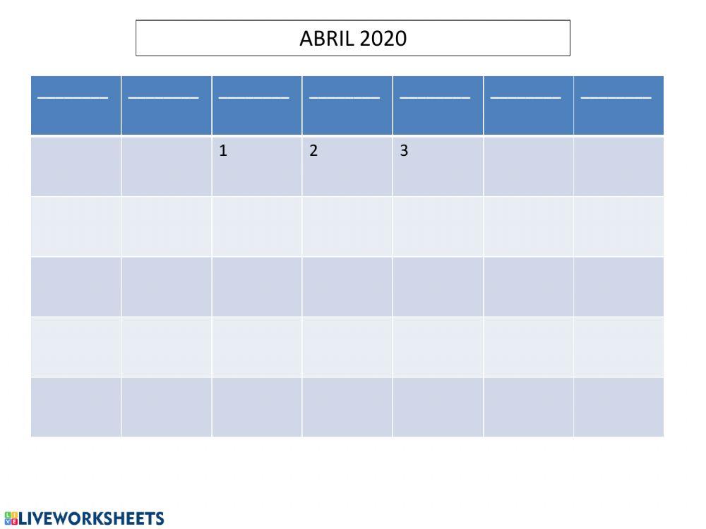 Calendario de abril 2020