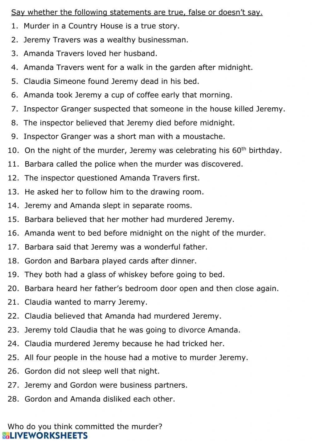 Murder in a Country House True or False Questions