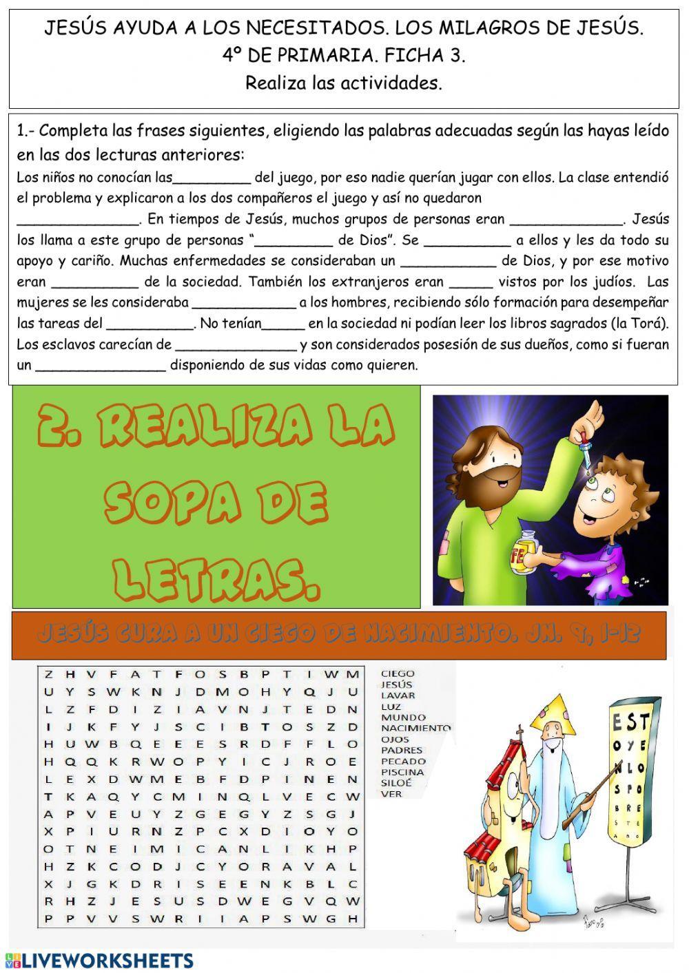 Jesús ayuda a los necesitados. Los milagros de Jesús. 4º de Primaria.Tierno Galván