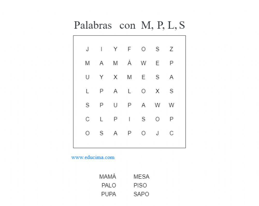 SOPA DE LETRAS CON PALABRAS CON m, l, p ,s