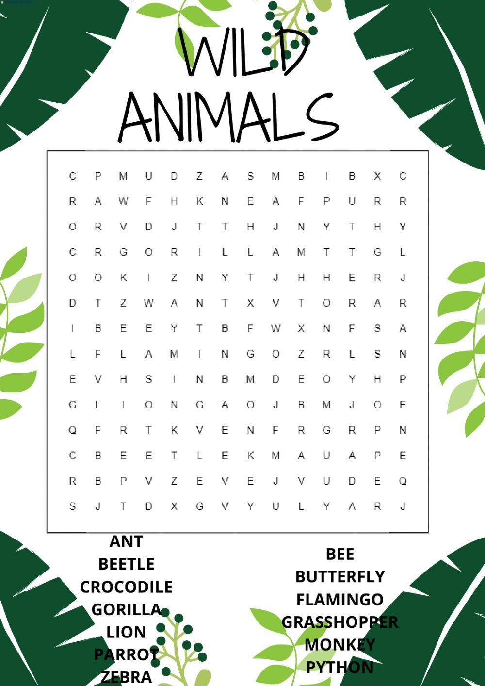 Word search wild animals