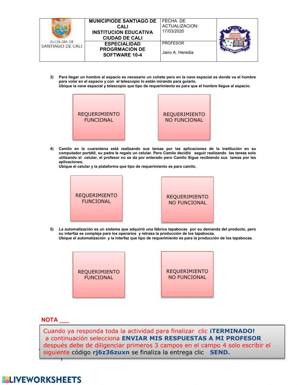Actividad de requerimiento worksheet Live Worksheets