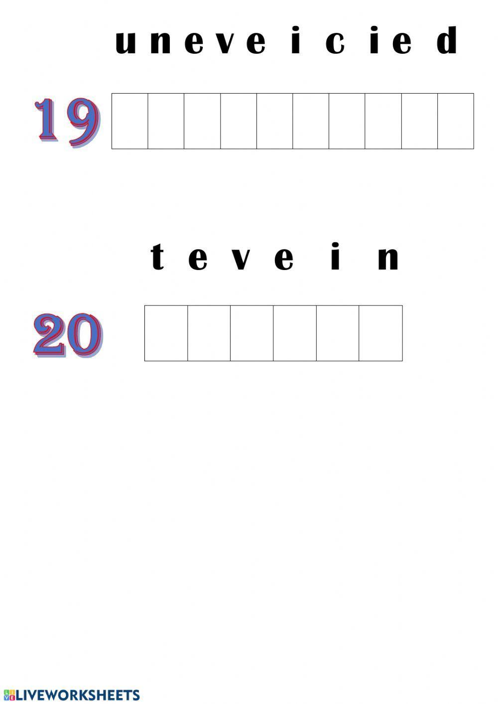 Ordena números del 16 al 20 OAOA