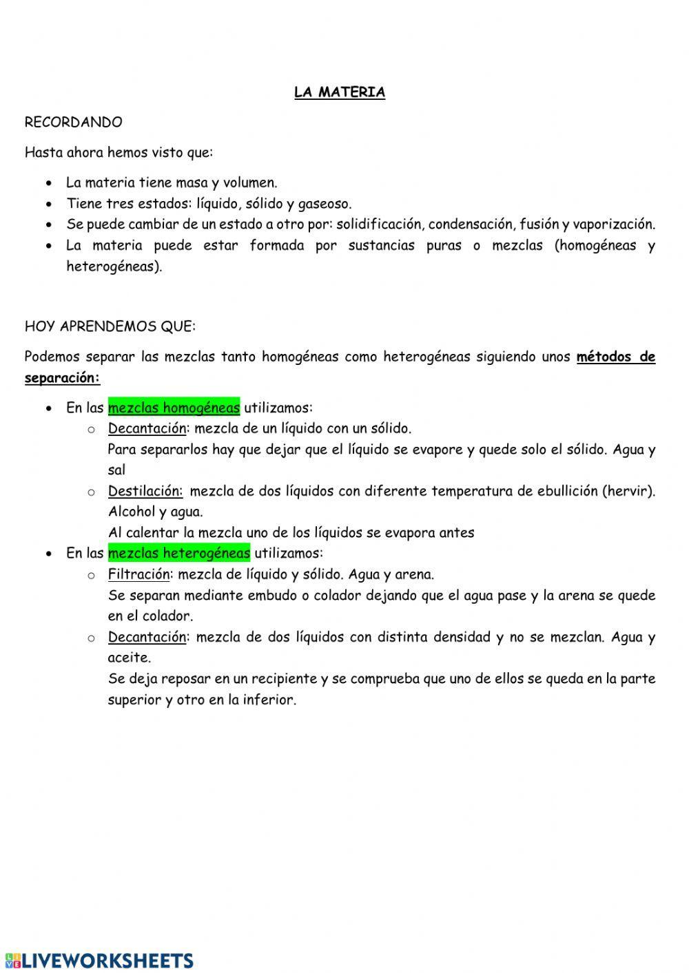 La materia: separación de mezclas