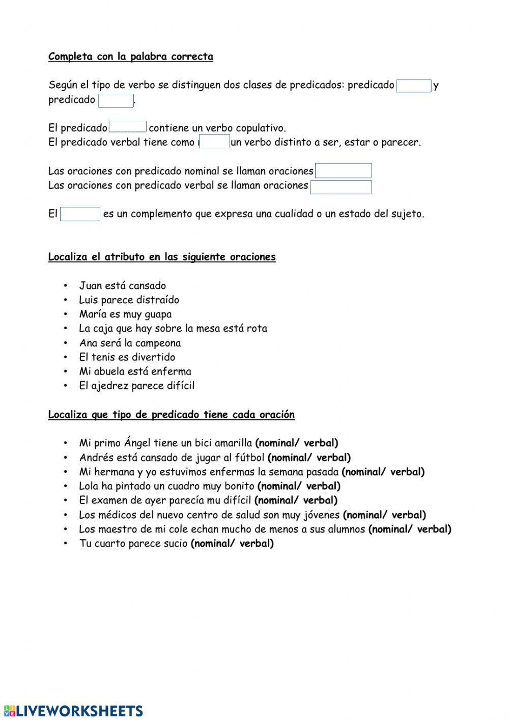 Ficha de repaso. Tipos de predicados.