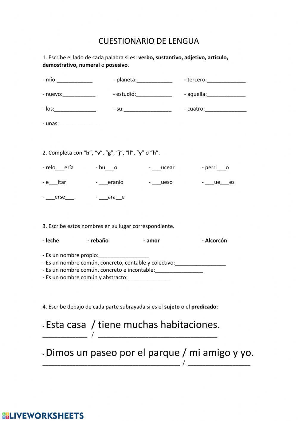 Cuestionario repaso lengua 4º