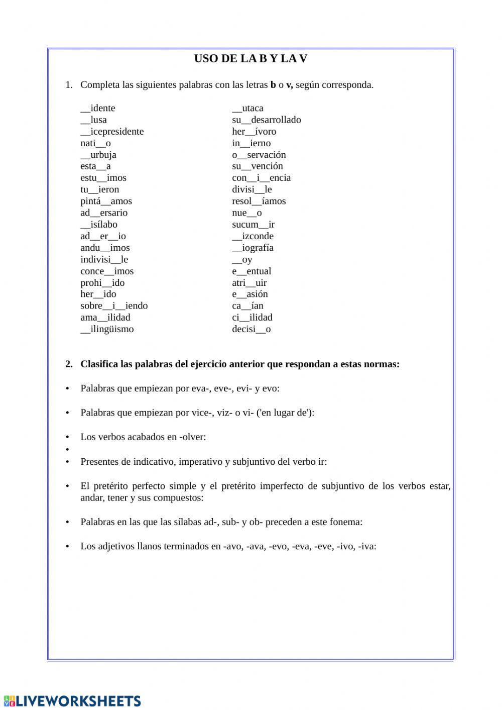 Ejercicios ortografía B y V