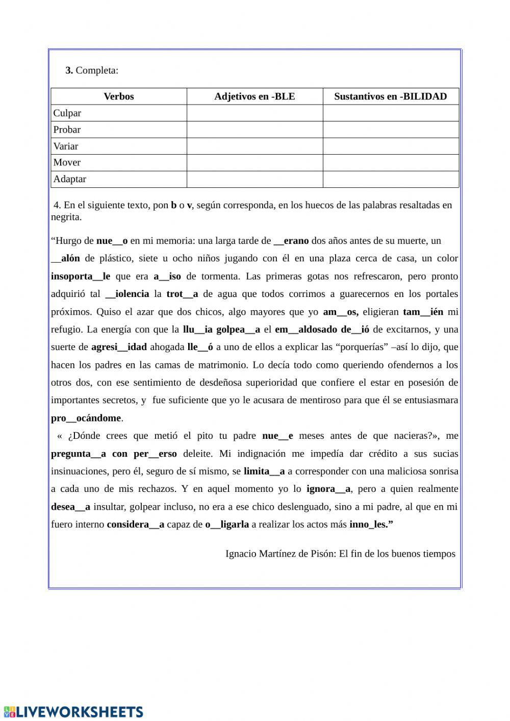 Ejercicios ortografía B y V