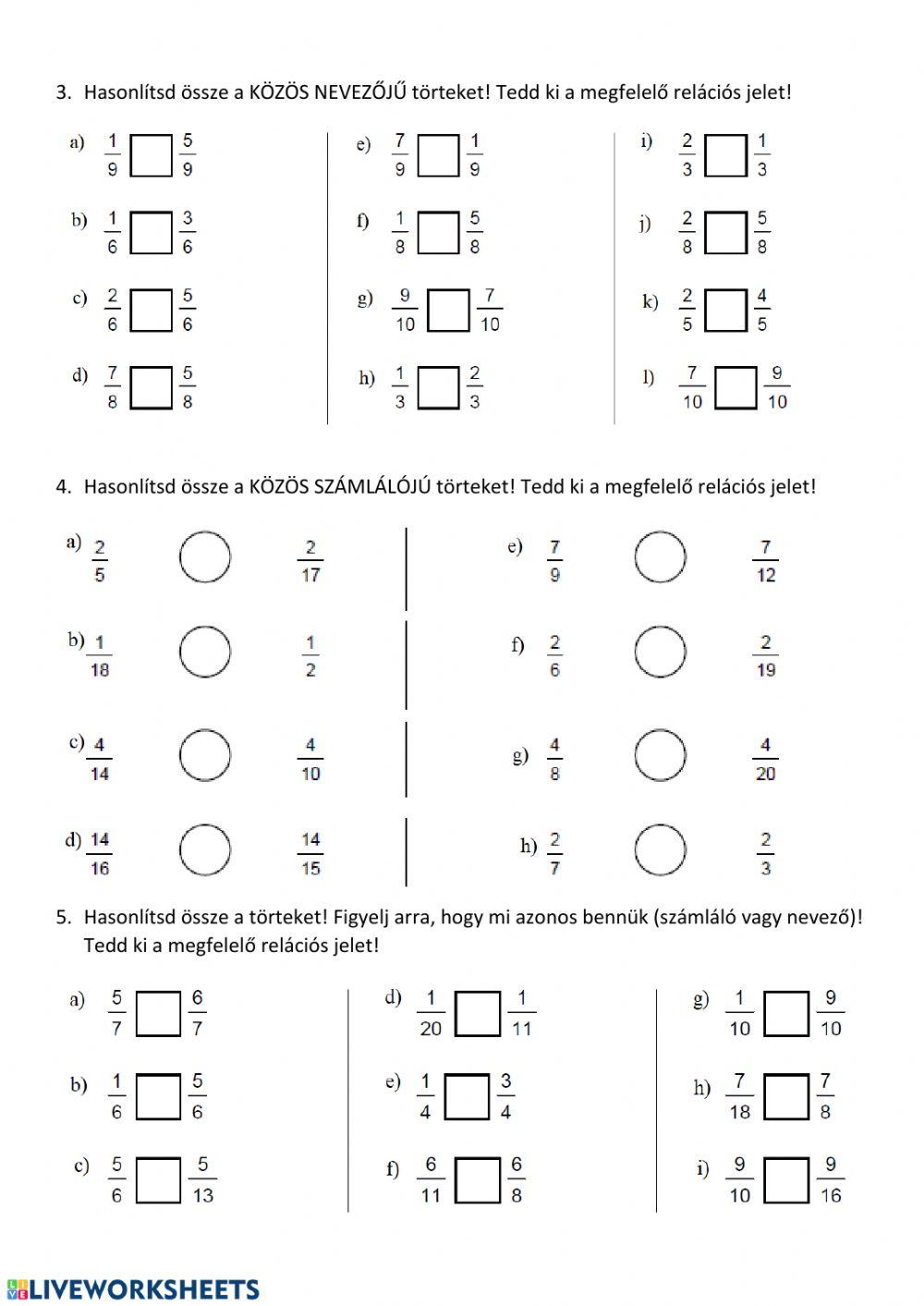 Törtek összehasonlítása