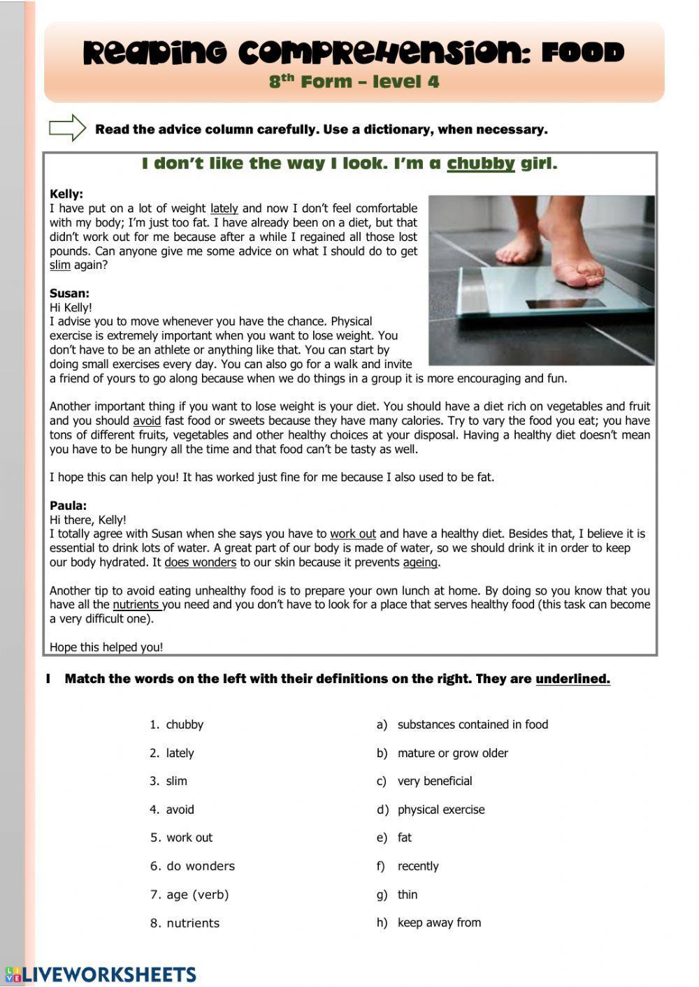 Reading comprehension: food (8th form) Reading comprehension: food (8th form)