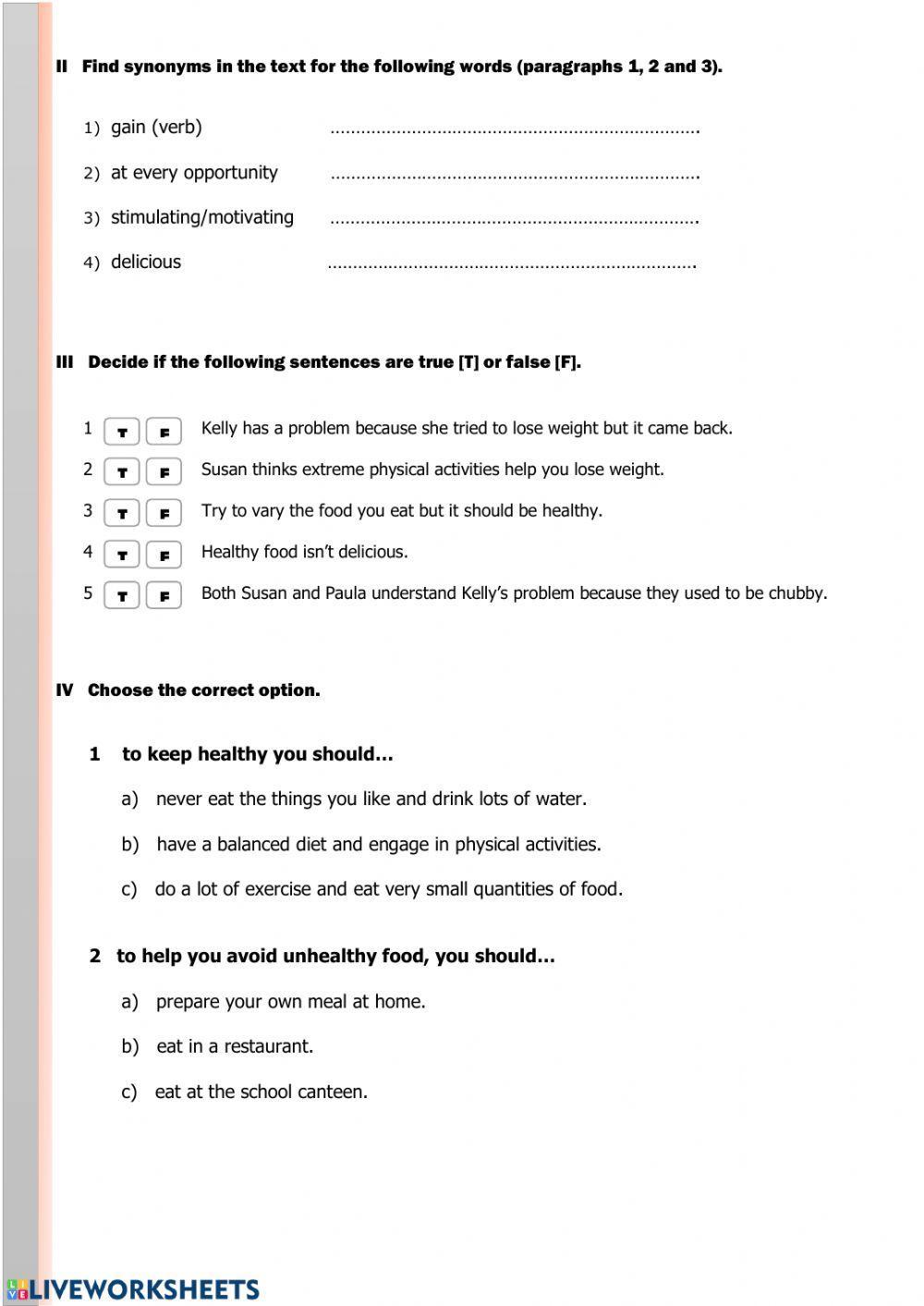 Reading comprehension: food (8th form)