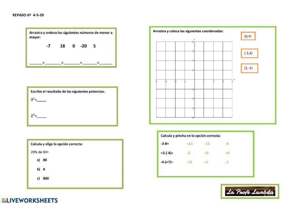 Repaso números enteros, ejes de coordenadas, potencias y porcentajes