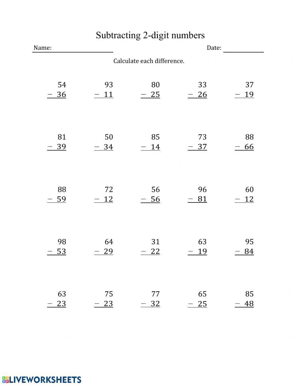 Subtracting 2 digit numbers