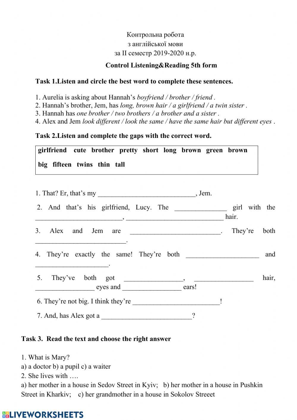 Контрольна робота worksheet | Live Worksheets