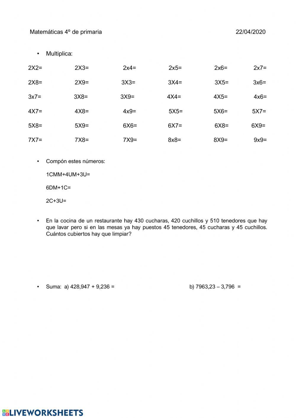 Repaso matemática 4º primaria