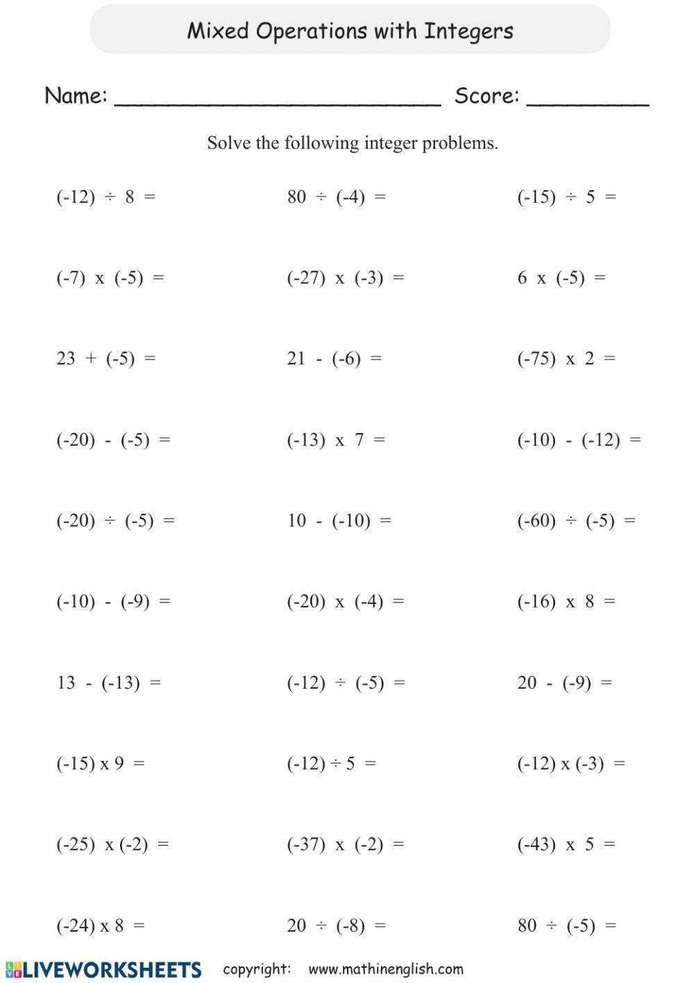 Operations with Integers worksheet | Live Worksheets operations-with-integers-worksheet-live-worksheets