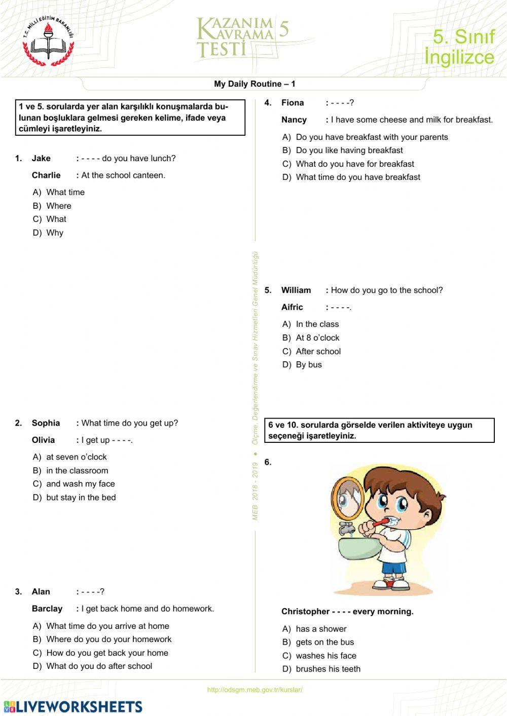 5. Sınıf Daily Routines Ünite 4 Kazanım Testi