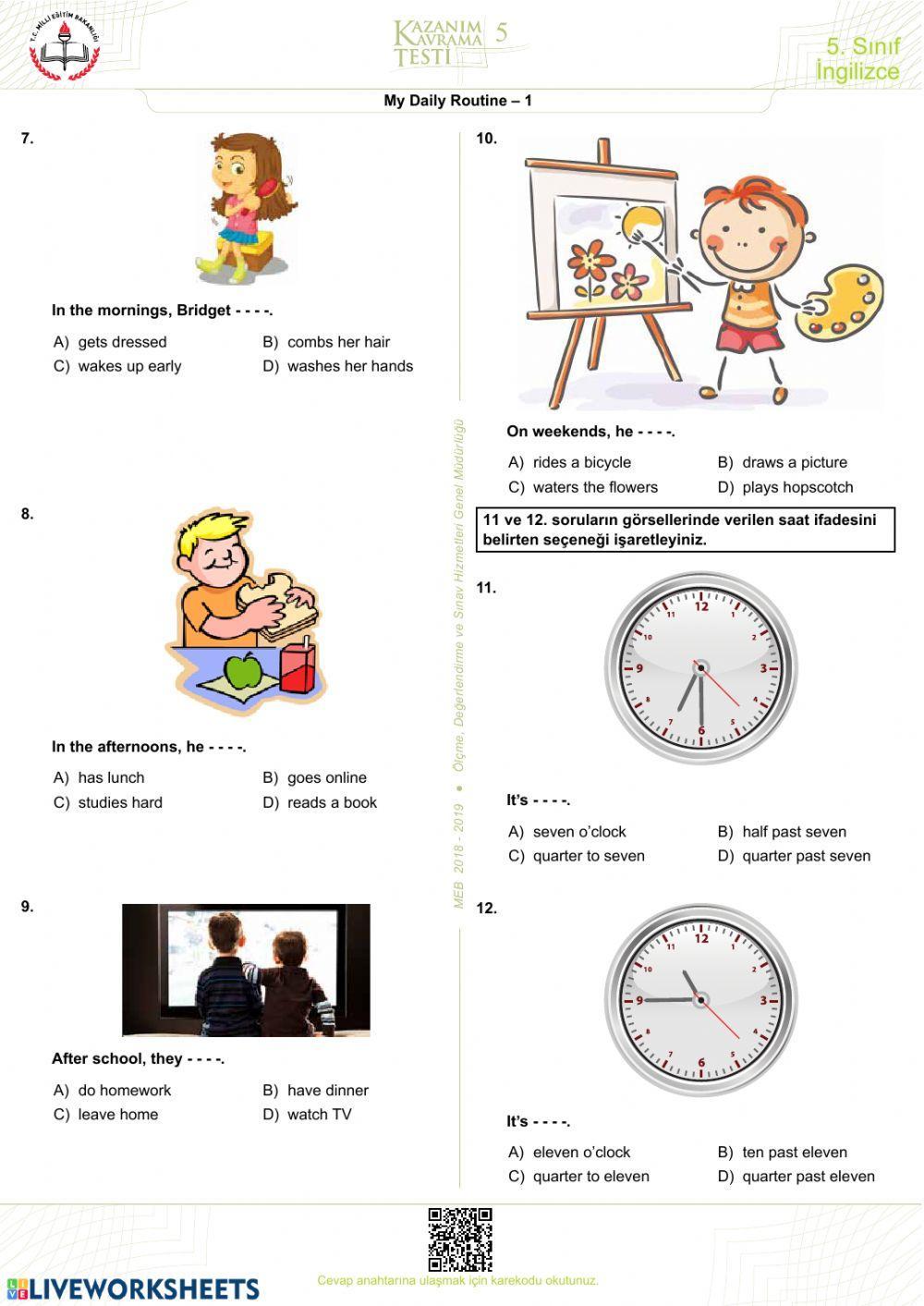 5. Sınıf Daily Routines Ünite 4 Kazanım Testi