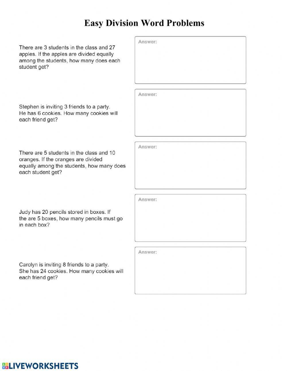 Easy Division Word Problems Easy Division Word Problems