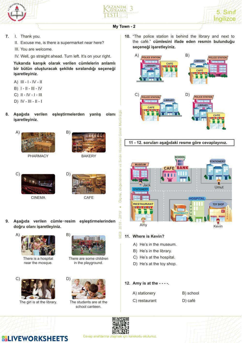 5. Sınıf My Town-2  Ünite 2 Kazanım Testi