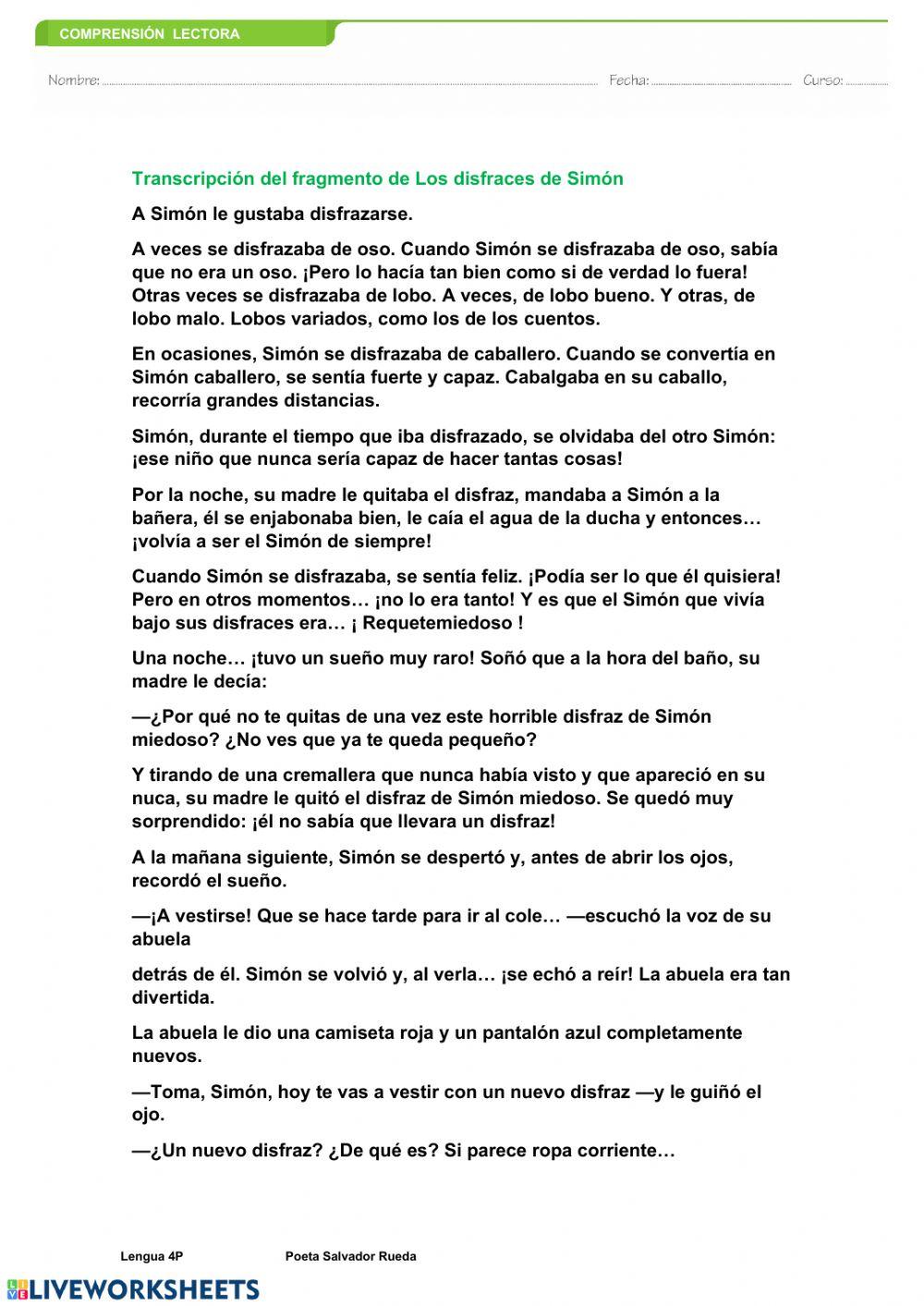Comprensión lectora los disfraces de simón