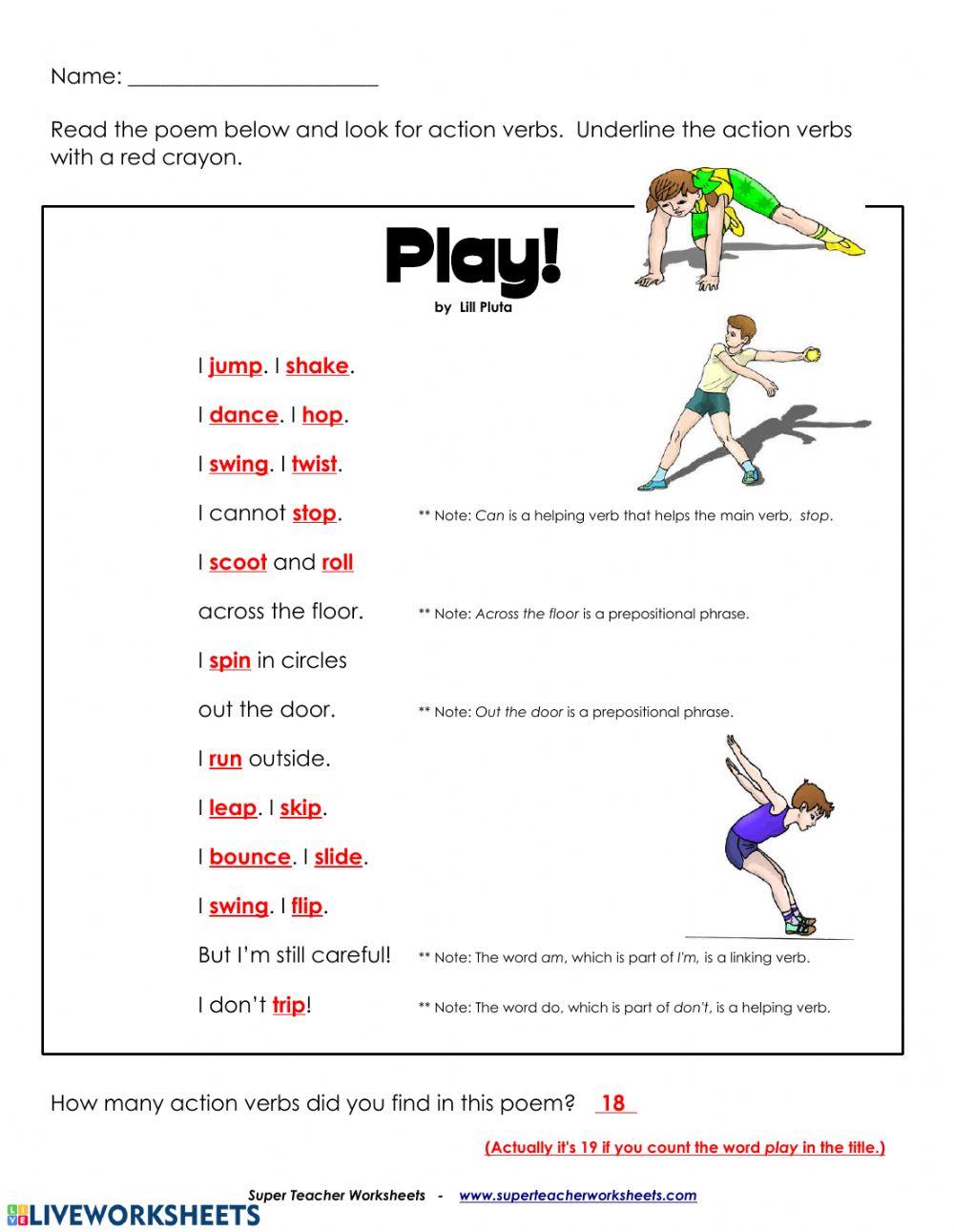 Action verb poem online exercise for | Live Worksheets