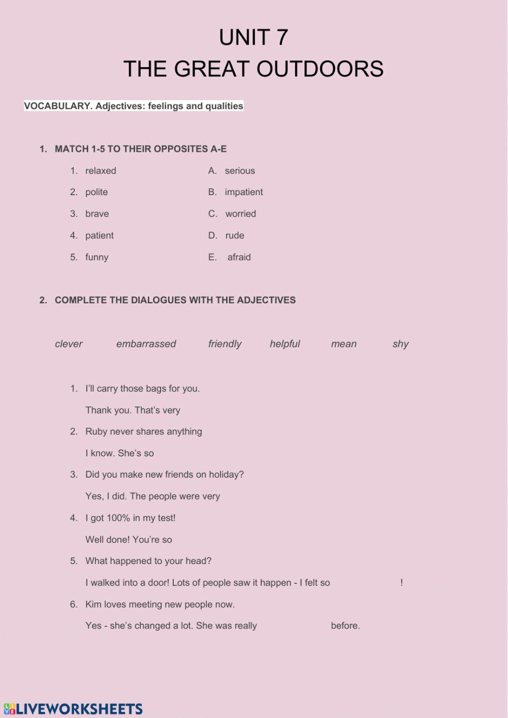 UNIT 7. THE GREAT OUTDOORS vocabulary