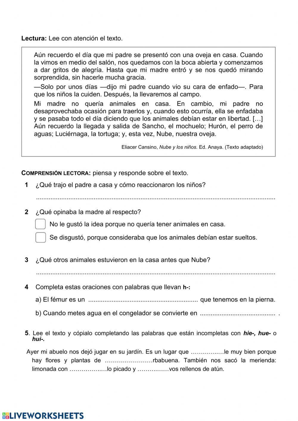 Comprensión lectora. Ortografía h