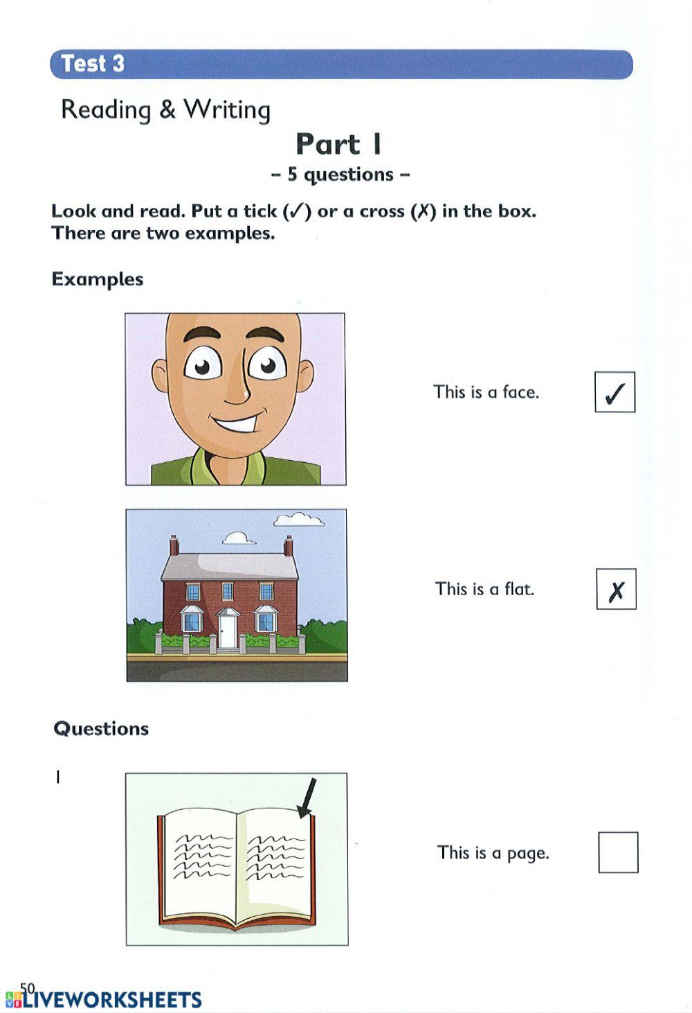 YLE Starters reading and writing test 3 online exercise for Live