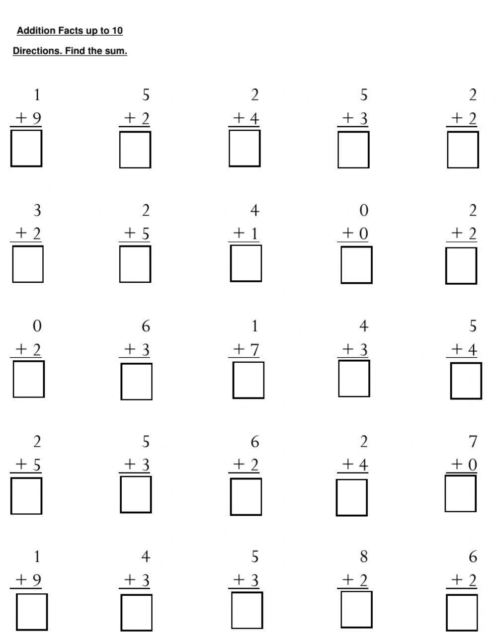 Addition Facts up to 10 Addition Facts up to 10
