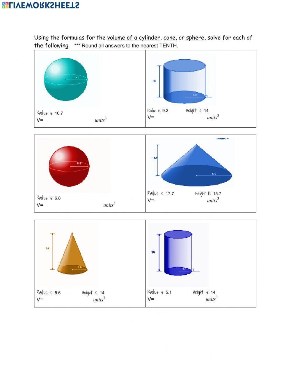 Volume of Cylinders, Cones, Spheres
