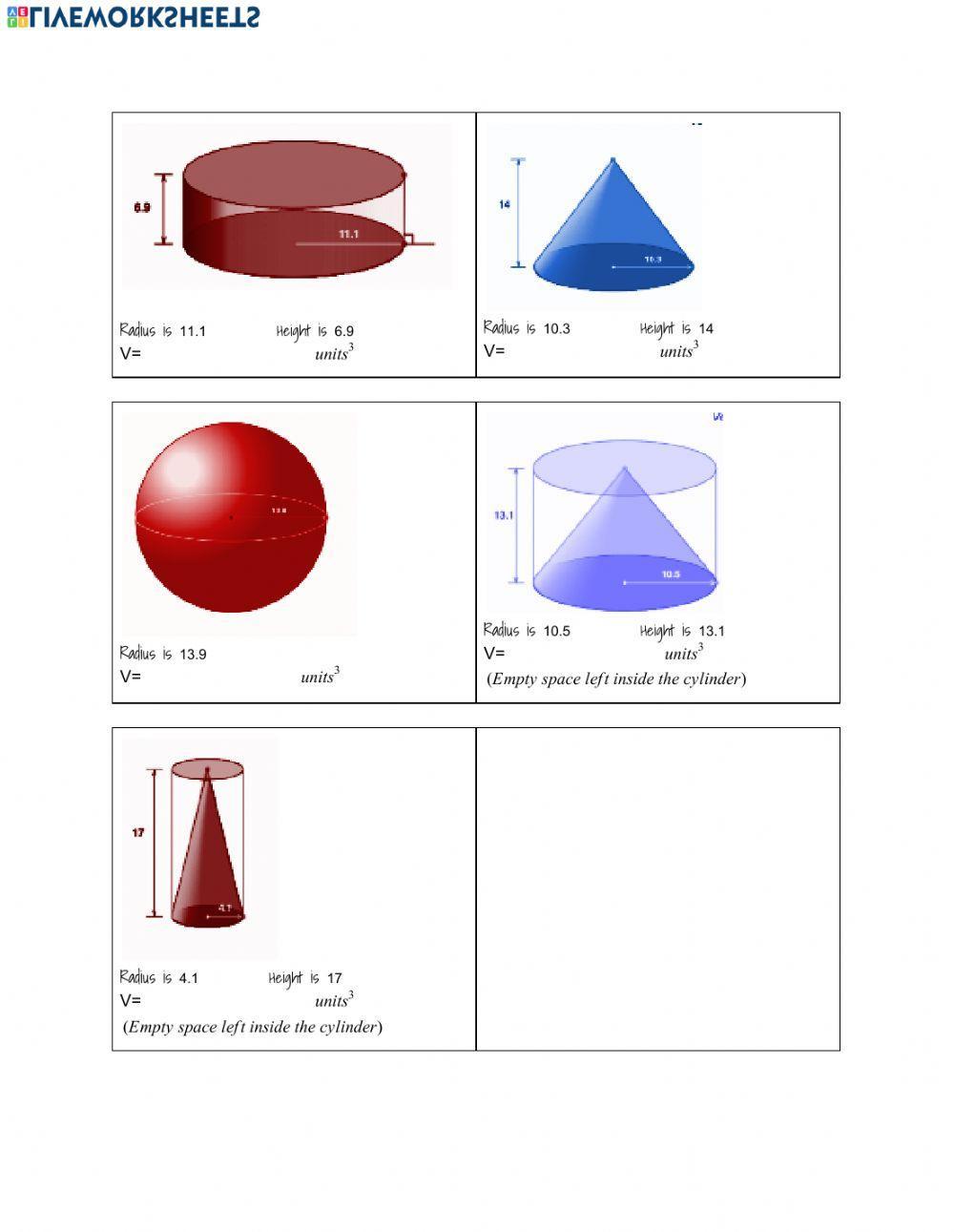Volume of Cylinders, Cones, Spheres