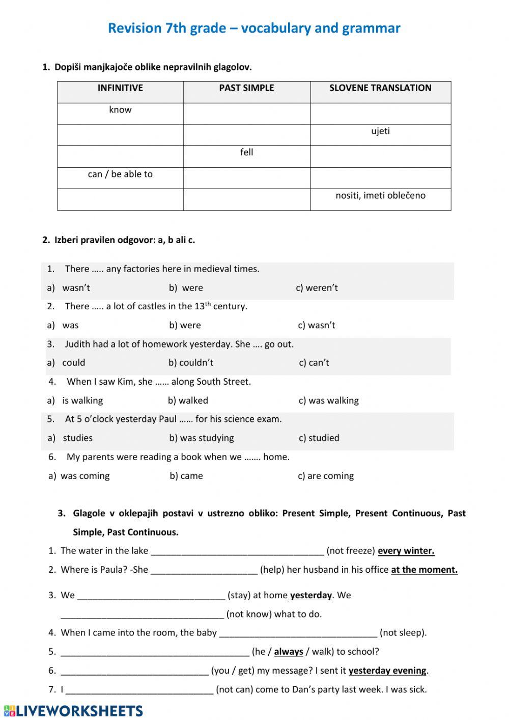 Revision 7th grade - vocabulary and grammar