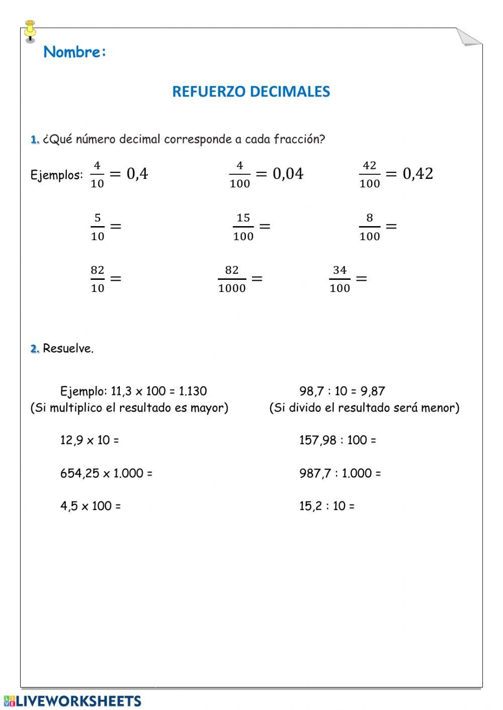 Refuerzo 1 decimales 4º