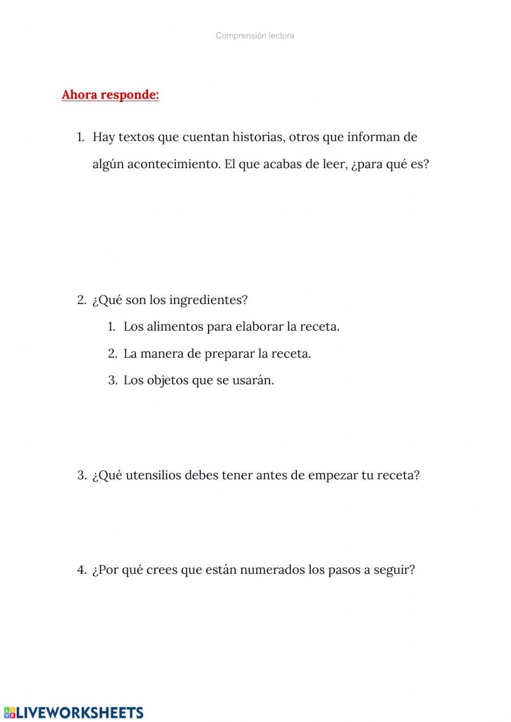 Comprensión lectora: receta