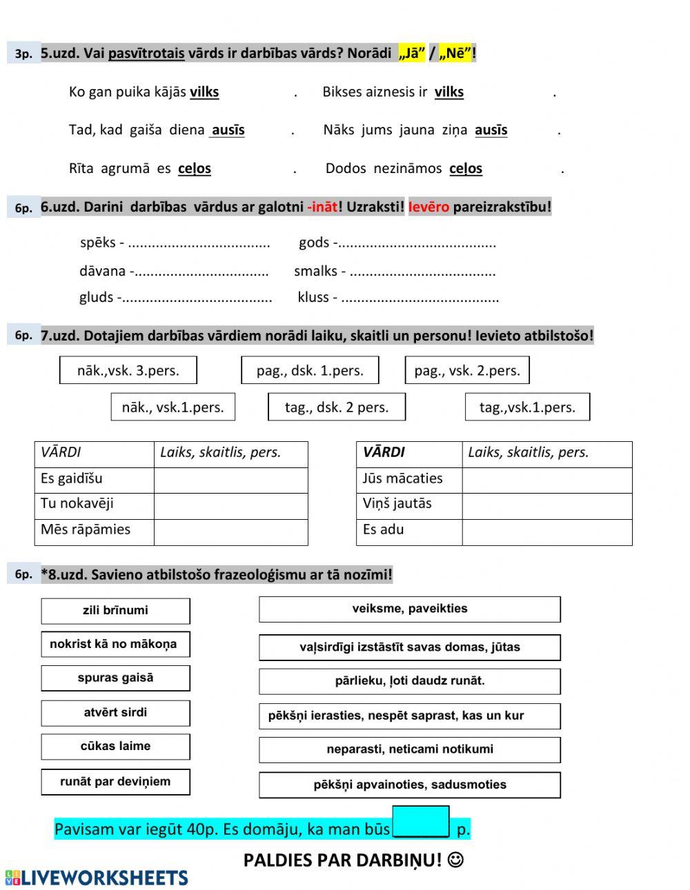 PD - Darbs ar tekstu, darbības vārds, vietniekvārds, frazeoloģismi