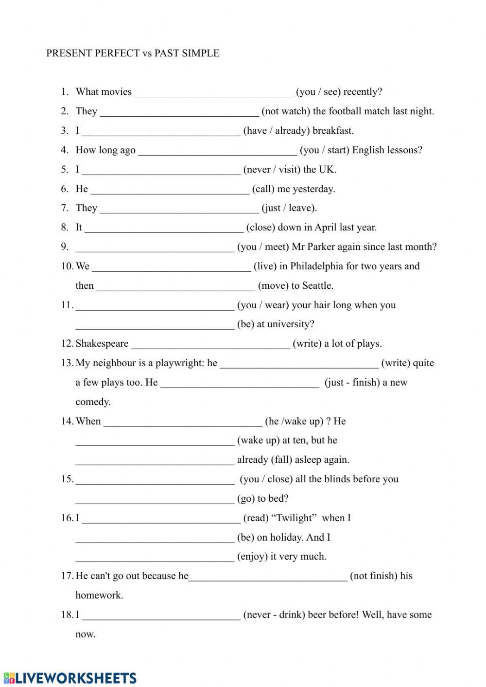 Present Perfect Past Simple interactive worksheet | Live Worksheets