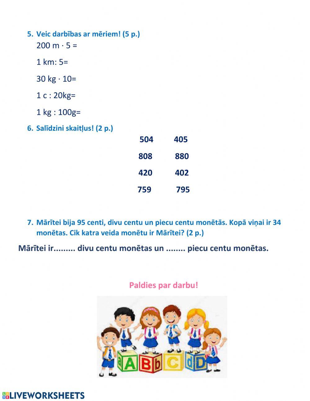 Pārbaudes darbs, trīsciparu skaitļi