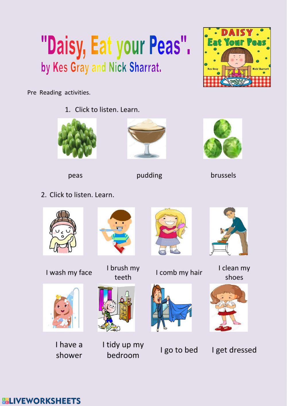 Pre Reading Worksheet Daisy Eat your Peas
