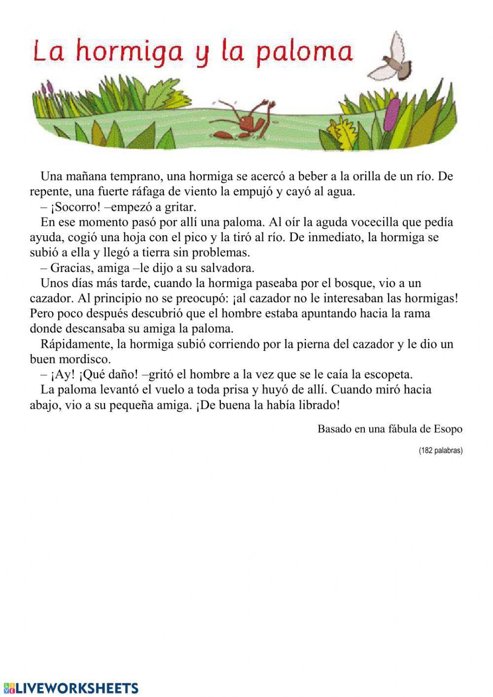 Lectura comprensiva: La hormiga y la paloma. Lectura comprensiva: La hormiga y la paloma.